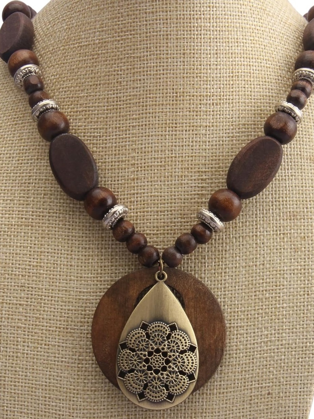 !!! Anthropologie Brown Wooden Bead Necklace with Gold Filigree Teardrop
